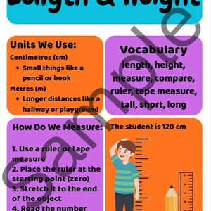 May include: Educational poster titled "Length & Height" with vocabulary and measurement instructions. Includes units of centimeters and meters, and steps on how to measure. A student is shown as 120 cm tall, and a pencil is 6 cm long.