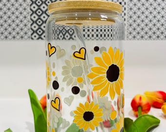 Sunflower Glass Iced Coffee Cup – Bamboo Lid, Straw & Straw Cleaner