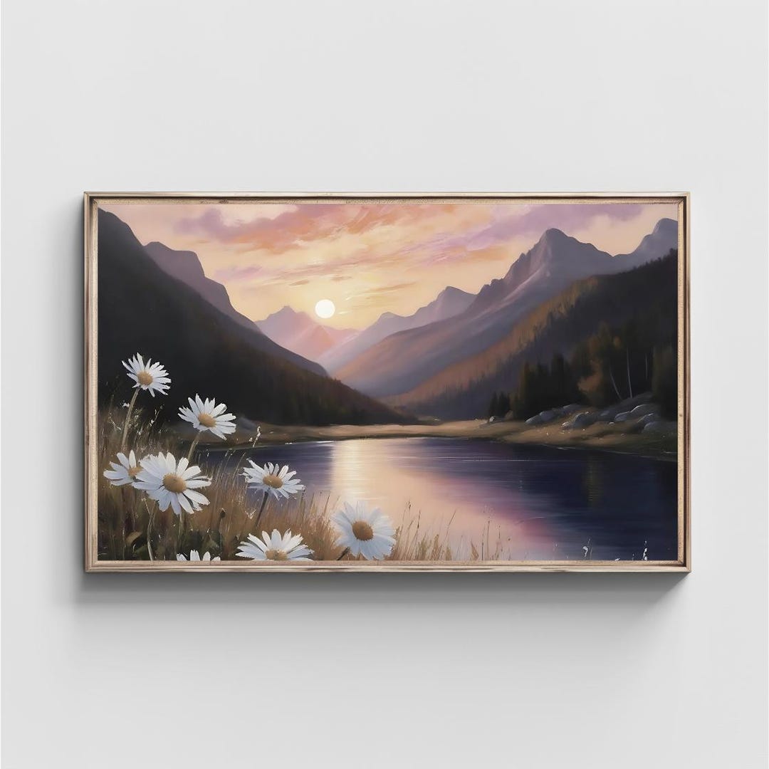 Serene Mountain Sunset Oil Painting: White Flower Field Nature Wall Art ...