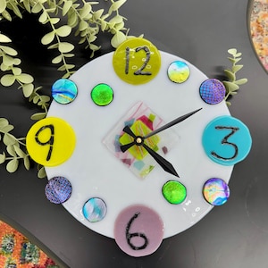 Funky Wall Clock, Dichroic Glass Art, Modern Wall Clock, Fused Glass Wall Art, White Wall Clock, Glass Wall Panel, One of a Kind Timepiece