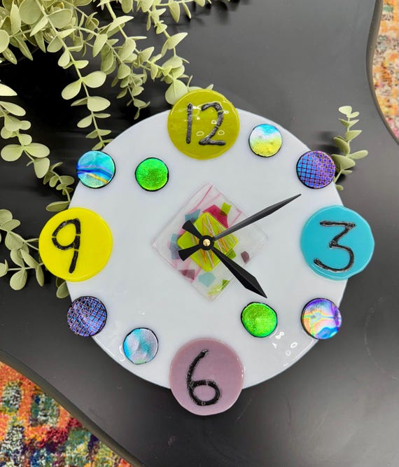 Wall Art Decor, Wall Clock, Dichroic Glass,  Modern Wall Clock, Fused Glass Wall Art, White Wall Clock, Unique Clock, Artsian Made Clock