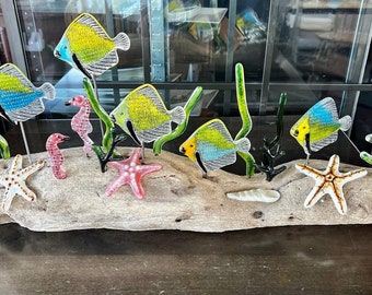 Driftwood Art Display | Fused Glass Fish | Mantle Display | Fireplace Mantle  Art | Angel Fish | Michigan Art | Beach Glass | Driftwood Art