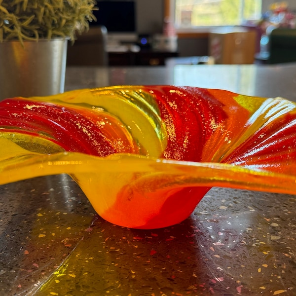 Fused Glass Red Flame Swirl Cyclone Bowl