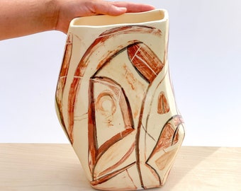 Mid century style modern terracotta vase handpainted