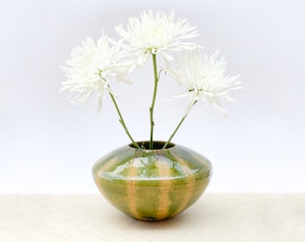 Modern Ikebana olive and beige wheel thrown vase