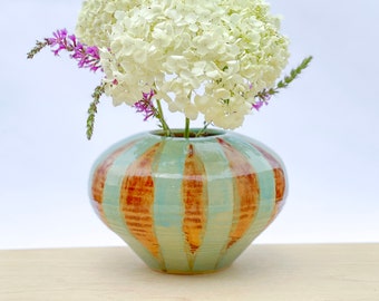 Wheelthrown brown and aqua stoneware vase