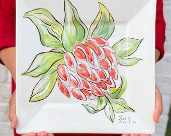 Handpainted protea flower majolica plate