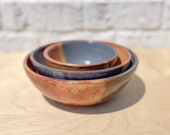 Blue and brown speckled artisan bowls