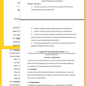 May include: A document with text in black font on white paper, with a yellow border. The text includes legal terms and definitions, such as "Split Custody" and "Decision Request". The document appears to be a legal form.