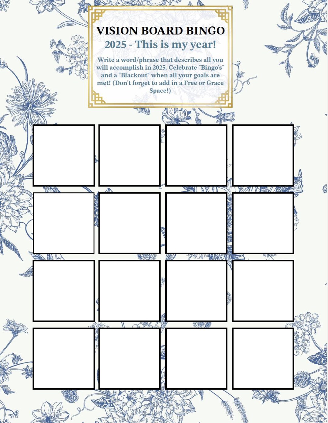 Vision Board Bingo 2025 - Blue Flowers - Etsy