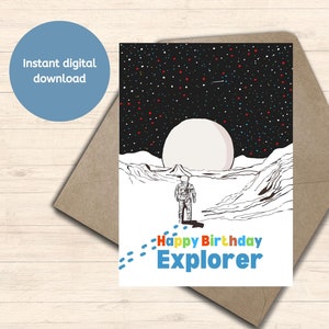 Carte d'anniversaire, carte d'anniversaire pour enfants, carte de l'espace, carte d'explorateur, téléchargement numérique, imprimable