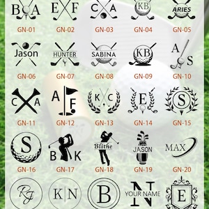 May include: A selection of golf-themed emblems and monograms, featuring initials, names, and golf-related imagery. The designs are presented in black and white, ideal for customisation.