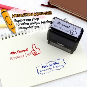 May include: A black stamp with the text "Mr. Conrad Excellent job!" and a thumbs-up symbol. The image also shows a red thumbs-up stamp and a blue stamp that says "Mrs. Shelley Amazing Progress!" with the text "MORE STYLES AVAILABLE!"