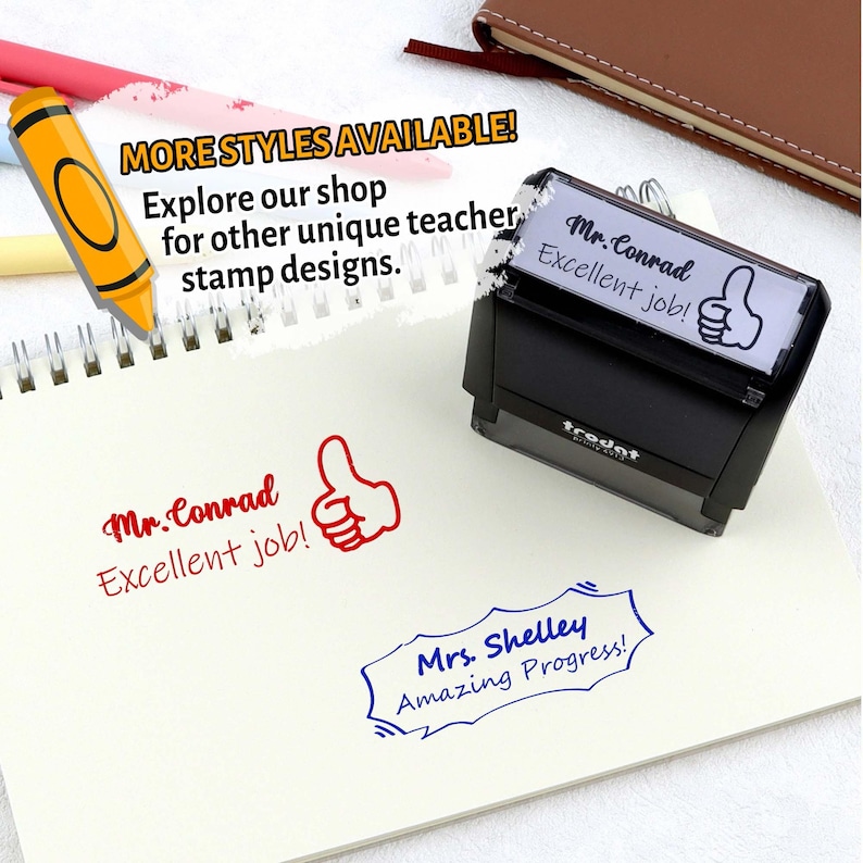 May include: A black stamp with the text "Mr. Conrad Excellent job!" and a thumbs-up symbol. The image also shows a red thumbs-up stamp and a blue stamp that says "Mrs. Shelley Amazing Progress!" with the text "MORE STYLES AVAILABLE!"