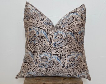 20 x 20 Hand Block Print Pillow Cover // Paisley // Kalamkari // Chanderi Fabric // Blue and Black