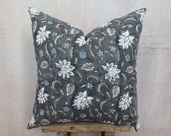 20 x 20 Hand Block Print Pillow Cover // Gray Floral // Boho Pillow // Indian Pillow