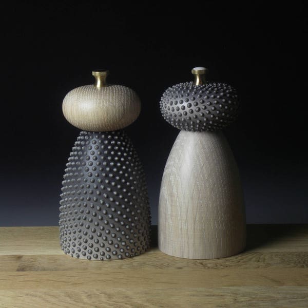 Grey Dots and Limed Oak Salt and Pepper Mills MADE TO ORDER