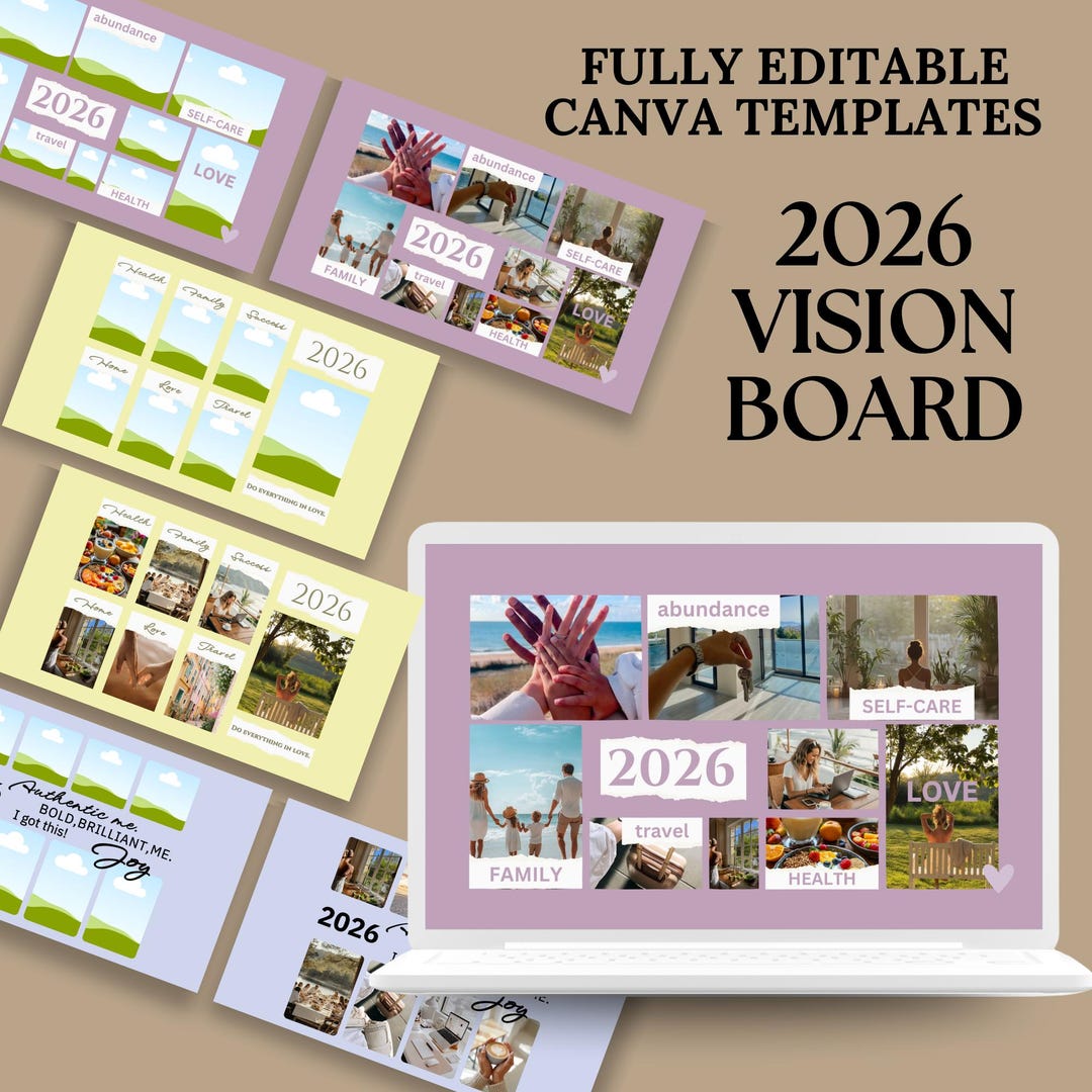 Digital Vision Board 2026 Canva Template Laptop Minimalist Pastel ...