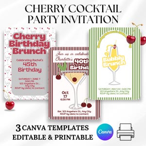 Modelo de convite para festa de coquetel de cereja Canva Download Cartão de aniversário Convite temático de cereja Brunch e festa borbulhante Design chique para impressão