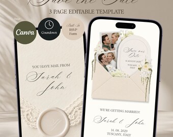 Ivoren bloemen Save the Date trouwwebsite sjabloon met RSVP en afteltimer | Canva (digitale download)