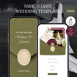 Olive Green & Burgundy Floral Save the Date Wedding Website Template | Canva (Digital Download)