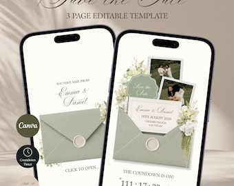 Saliegroene en ivoorkleurige bloemen Save the Date trouwwebsite template | Canva (digitale download)