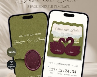 Olijfgroene en bordeauxrode Save the Date trouwwebsite template | Canva (digitale download)