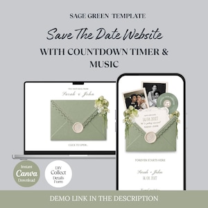 Könnte beinhalten: Ein Vorlagen-Design für eine Hochzeit-Website in Salbeigrün, dargestellt auf einem Laptop und Smartphone. Das Design zeigt einen Umschlag mit Spitzenbesatz, einem Wachssiegel und floralen Akzenten. Der Text enthält "Save The Date Website" und "Sarah & John."