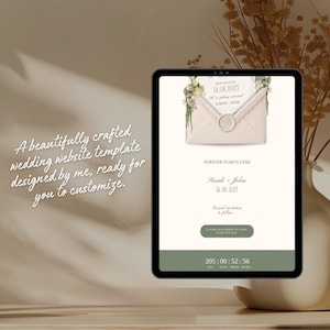 May include: A digital wedding website template displayed on a tablet. The design features an envelope graphic with floral accents, the text "FOREVER STARTS HERE", and the names Sarah + John. The text "A beautifully crafted wedding website template designed by me, ready for you to customize" is also visible.