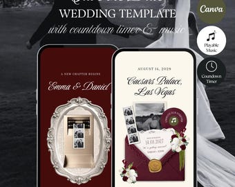 Olijfgroene en bordeauxrode fotobooth Save the Date trouwwebsite template | Canva (digitale download)
