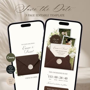 Op de afbeelding: Twee smartphones tonen een bewerkbaar Save the Date-sjabloon van 3 pagina's. De schermen tonen een bruine envelop met een waszegel, bloemaccenten, twee foto's van een koppel en de tekst Emma & Daniel, 14 augustus 2029, Caesars Palace, Las Vegas.