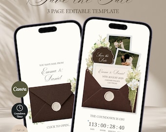 Bruin en ivoorkleurig bloemenpatroon Save the Date trouwwebsite template | Canva (digitale download)