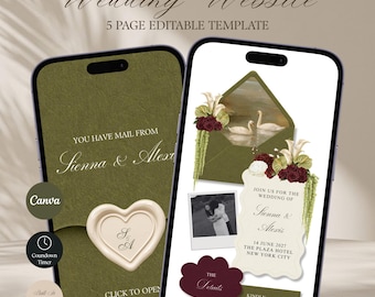 Olive Green Burgundy Wedding Website Template with RSVP | Classic Floral Editable Canva (Digital Download)