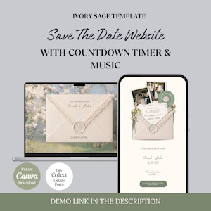 Op de afbeelding: Ivory Sage sjabloon voor een Save The Date website, weergegeven op een laptop en smartphone. Het ontwerp bevat een countdown timer en muziek. De website heeft een envelopontwerp met de tekst "Sarah & John" en de datum 14.08.2027.