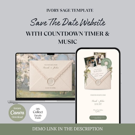 Save The Date Template | Ivory & Sage Green Floral Wedding Website w/ RSVP, Music, Countdown Timer: Editable Canva Design (Digital Download)