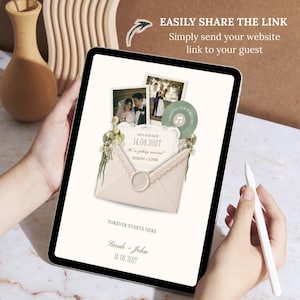 May include: A digital wedding invitation displayed on a tablet. The design features a cream-colored envelope with a wax seal, photos, and the text "Save Our Date 14.08.2027 Sarah + John". The tablet also displays the text "Forever Starts Here" and "Easily Share the Link".