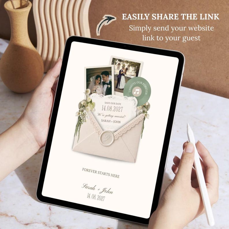 May include: A digital wedding invitation displayed on a tablet. The design features a cream-colored envelope with a wax seal, photos, and the text "Save Our Date 14.08.2027 Sarah + John". The tablet also displays the text "Forever Starts Here" and "Easily Share the Link".