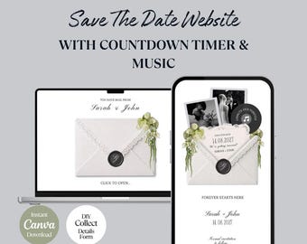 Bewaar-de-datumsjabloon | Ivoor zwart groene bloemen trouwwebsite met RSVP, muziek, countdown timer: bewerkbaar canva-ontwerp (digitale download)
