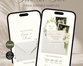 Ivoren bloemen trouwwebsite, Save the Date-sjabloon met RSVP en afteltimer: bewerkbaar Canva-ontwerp (digitale download)