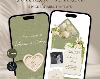 Saliegroene en ivoorkleurige trouwwebsite-template met RSVP | Klassieke bloemenprint, bewerkbaar Canva-bestand (digitale download)