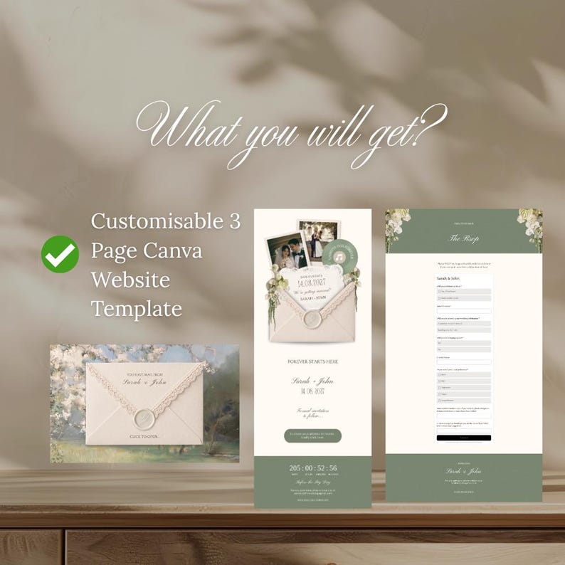 May include: A wedding website template with a neutral color palette. The design includes three pages, with the text "What you will get?" at the top. The template is customizable and includes a countdown timer and a contact form.
