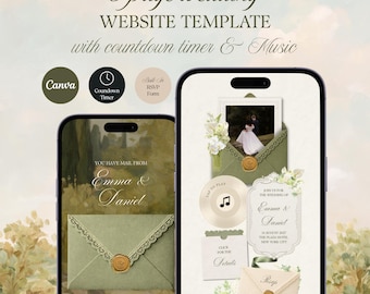 Ivoorgroene en saliegroene trouwwebsite met bloemenprint, RSVP, muziek en afteltimer: bewerkbaar Canva-ontwerp (digitale download)