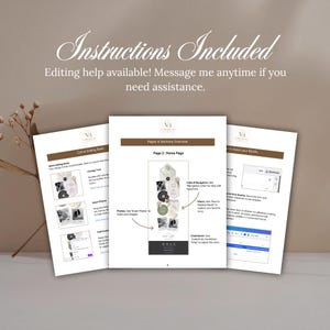 May include: Three white instructional pages with brown headers and black text detailing a digital editing guide. The pages feature diagrams, screenshots, and arrows explaining how to customize a website template, including sections for photos, links, and navigation.