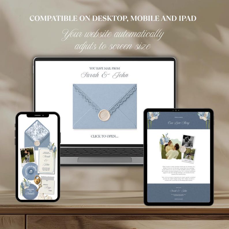 May include: A laptop, smartphone, and tablet displaying a wedding website template with blue envelopes, floral graphics, and the text "YOU HAVE MAIL FROM Sarah & John" and "COMPATIBLE ON DESKTOP, MOBILE AND IPAD. Your website automatically adjusts to screen size."