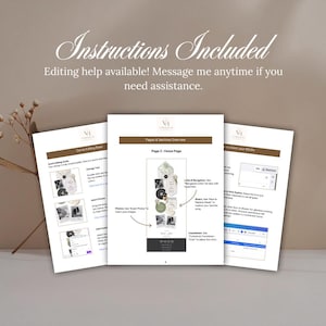 May include: Three open instruction pages with the text "Instructions Included" and "Editing help available! Message me anytime if you need assistance." The pages are titled "Canva Editing Basic" and "Pages & Sections Overview". The pages have detailed instructions.