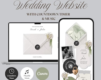 Ivoor zwarte salie groene bloemen trouwwebsite met RSVP, muziek, afteltimer: bewerkbaar canva-ontwerp (digitale download)