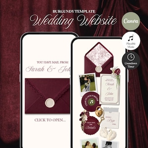 Site de casamento floral em tons de vinho com confirmação de presença, música e contagem regressiva: Design editável no Canva (Download digital)