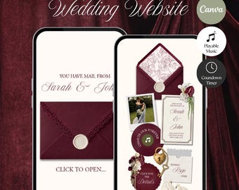 Bourgondische bloementrouwwebsite met RSVP, muziek, afteltimer: bewerkbaar canva-ontwerp (digitale download)