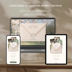 May include: A wedding invitation design displayed on a laptop, phone, and tablet. The invitation features a cream-colored envelope with lace trim, a wax seal, and the text "You have mail from Sarah & John". The phone and tablet show the invitation with photos.