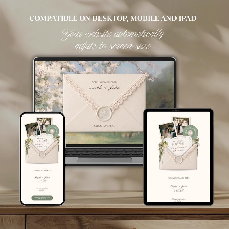 May include: A wedding invitation design displayed on a laptop, phone, and tablet. The invitation features a cream-colored envelope with lace trim, a wax seal, and the text "You have mail from Sarah & John". The phone and tablet show the invitation with photos.